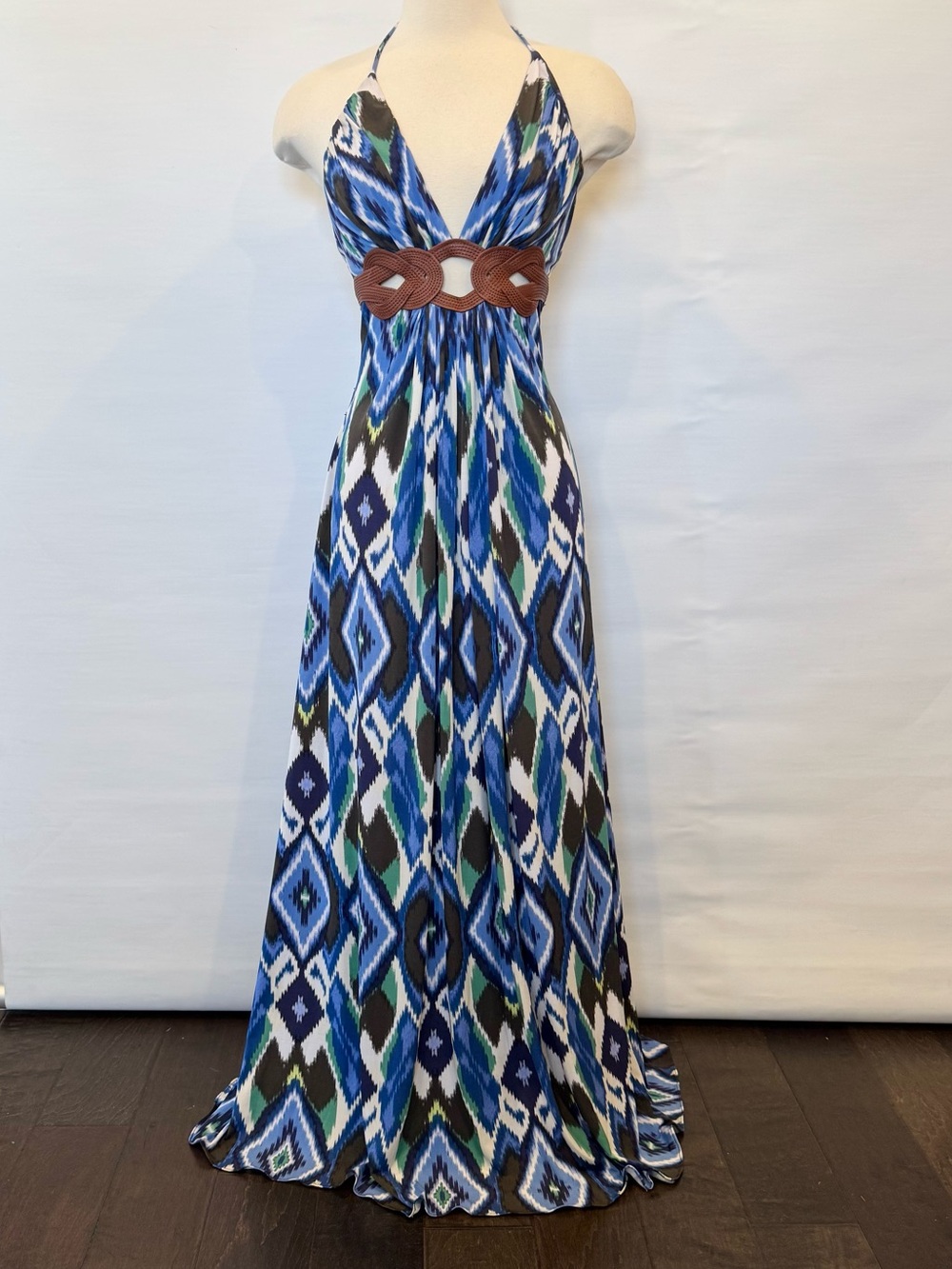 SKY IKAT Blue Brown Leather Braid Belt Keyhole Halter Maxi Gown Slip Dress NWOT - Picture 8 of 11